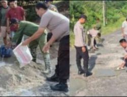 Polsek Lubuk Raja Gotong Royong Perbaikan Jalan Berlubang dan Kurve di Batumarta II